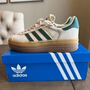 Adidas Gazelle Bold Platform Sneakers Green Beige Gold NWT Women's Size 6.5 EU38